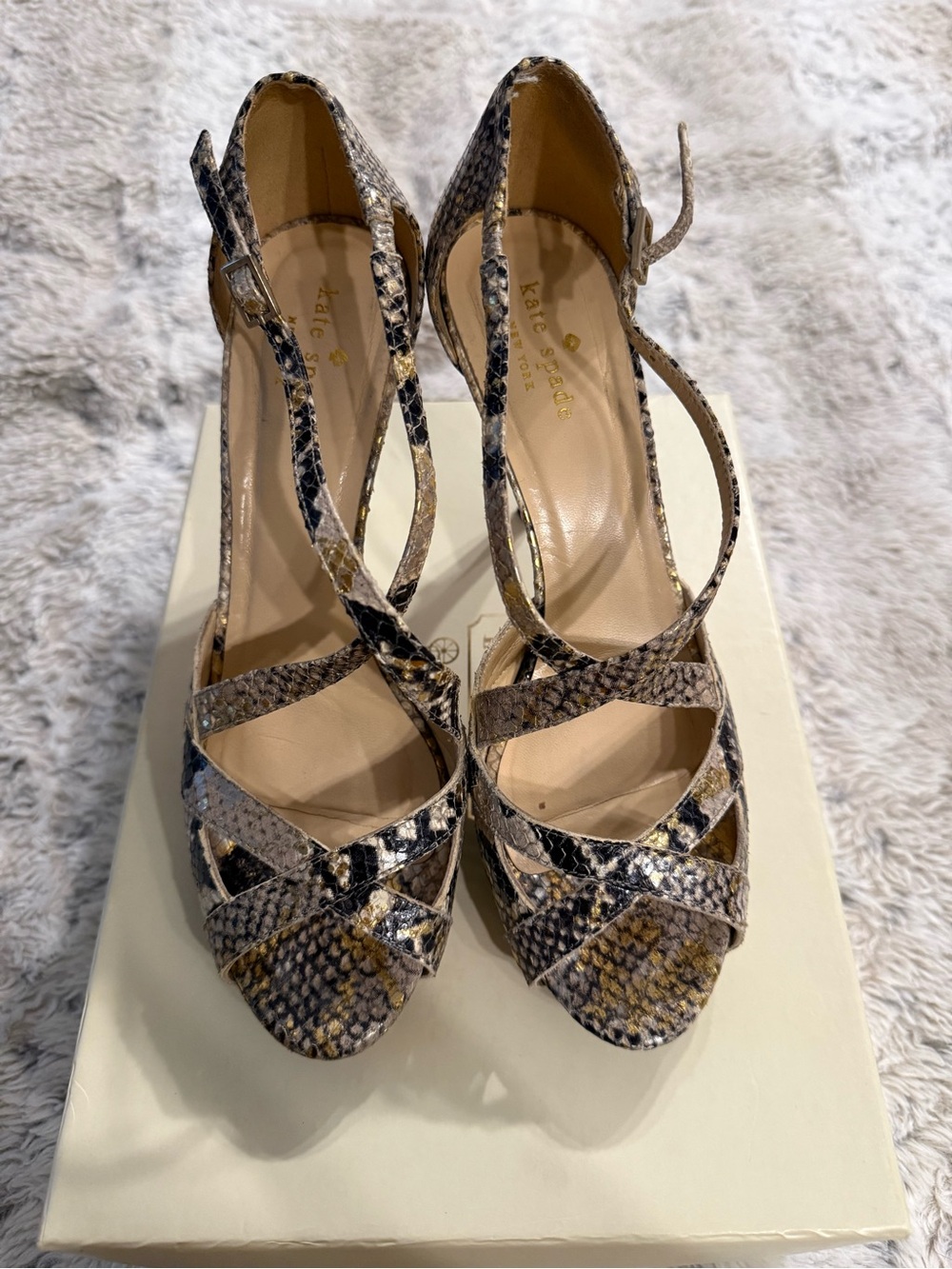 kate spade Snake-Print Strappy Heels in Taupe and Black